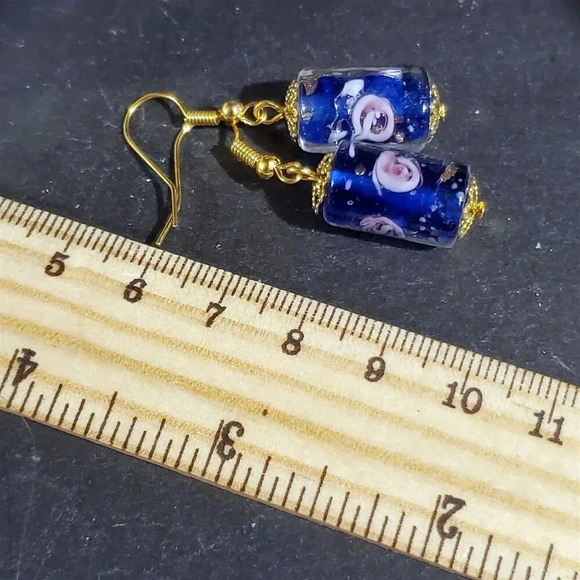 Cobalt Blue Murano Lampwork Glass Flower Inside Vintage Bead Round Tube Earrings - Picture 10 of 10